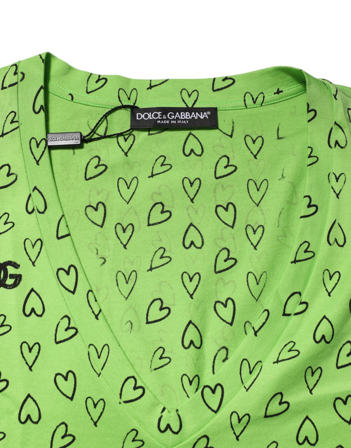 Dolce & Gabbana Green V-Neck DG Logo Heart Print T-shirt