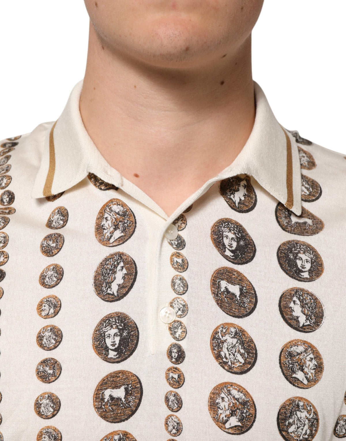 Dolce & Gabbana Silk Ivory Coin Print Logo Men Polo T-shirt