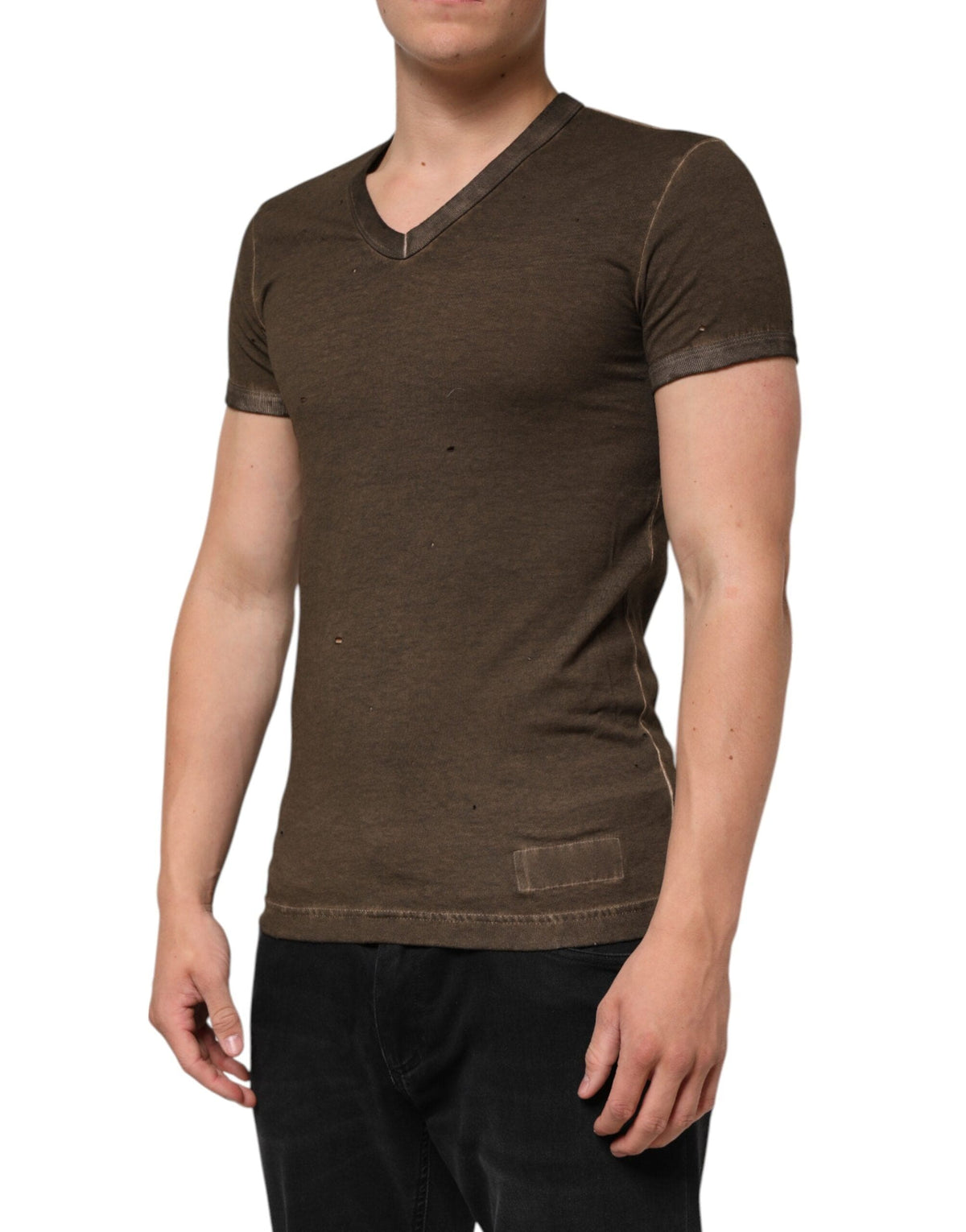 Dolce & Gabbana Dark Brown Cotton Tattered Logo Men T-shirt