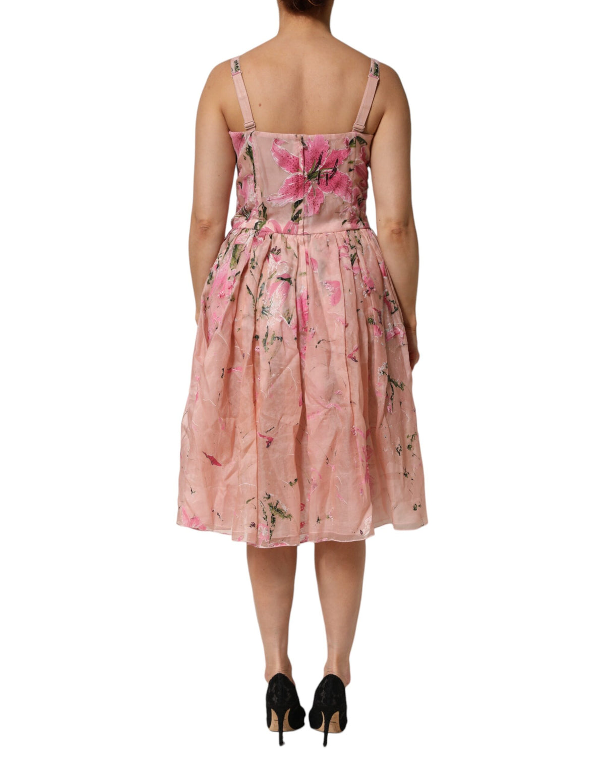 Dolce & Gabbana Pink Cotton Floral Pleated Sleeveless Dress