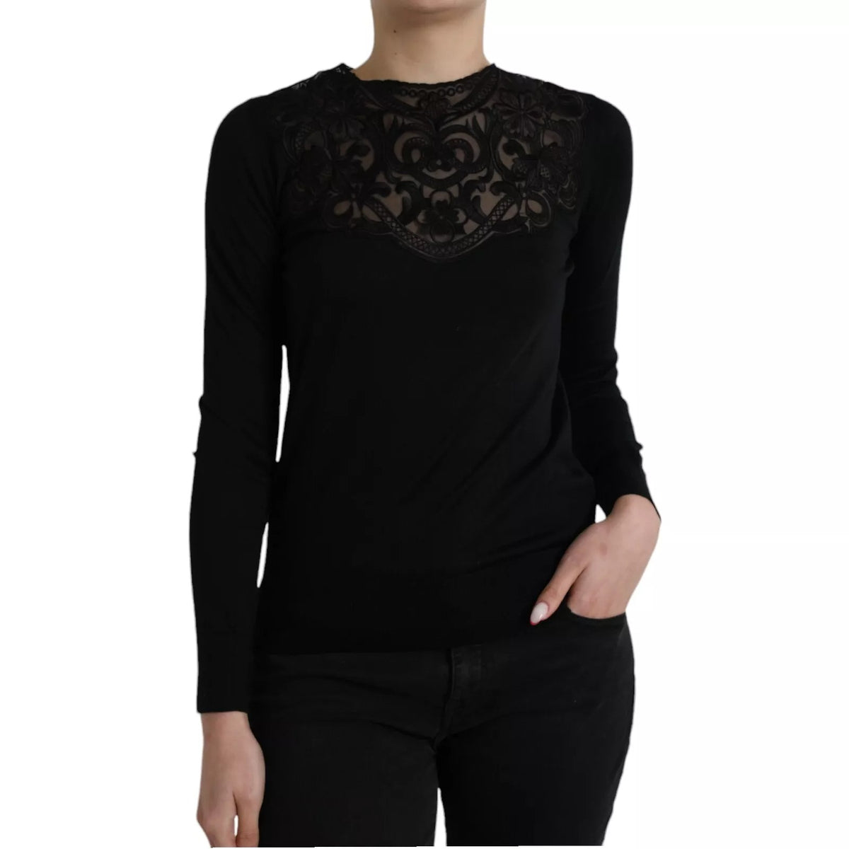 Dolce & Gabbana Black Silk Lace Trim Long Sleeves Blouse Top