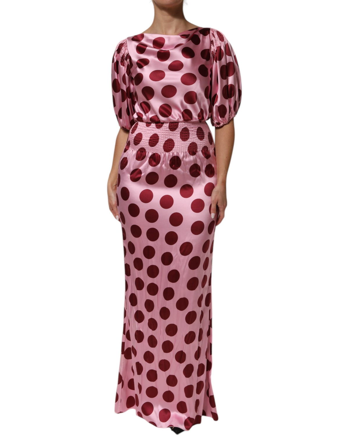 Dolce & Gabbana Pink Red Polka Dot Silk Satin Maxi Gown Dress