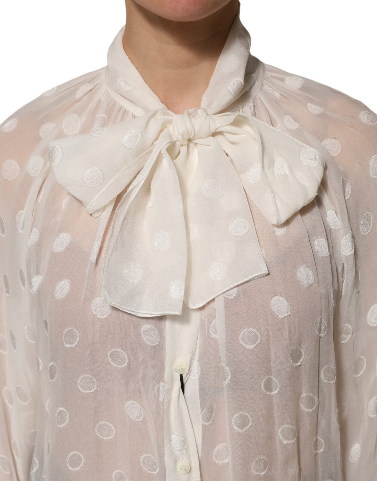 Dolce & Gabbana White Polka Sheer Silk Bow Tie Shirt Blouse Top