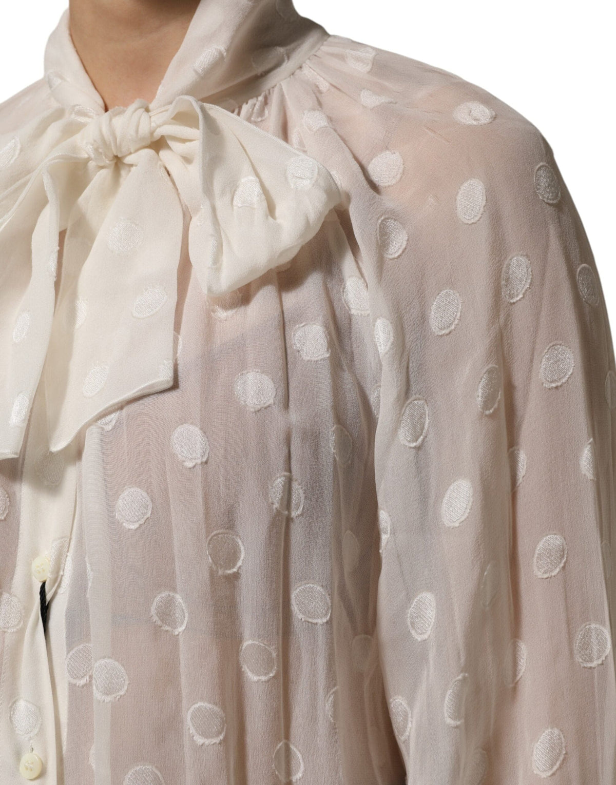Dolce & Gabbana White Polka Sheer Silk Bow Tie Shirt Blouse Top