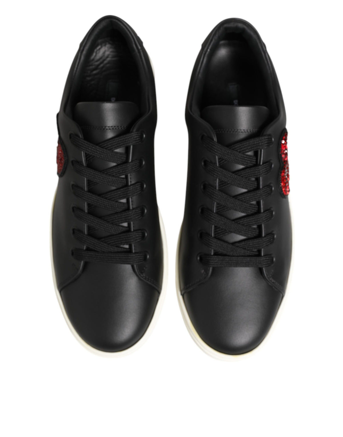 Dolce & Gabbana Black White Leather Crystal Heart Sneakers Shoes
