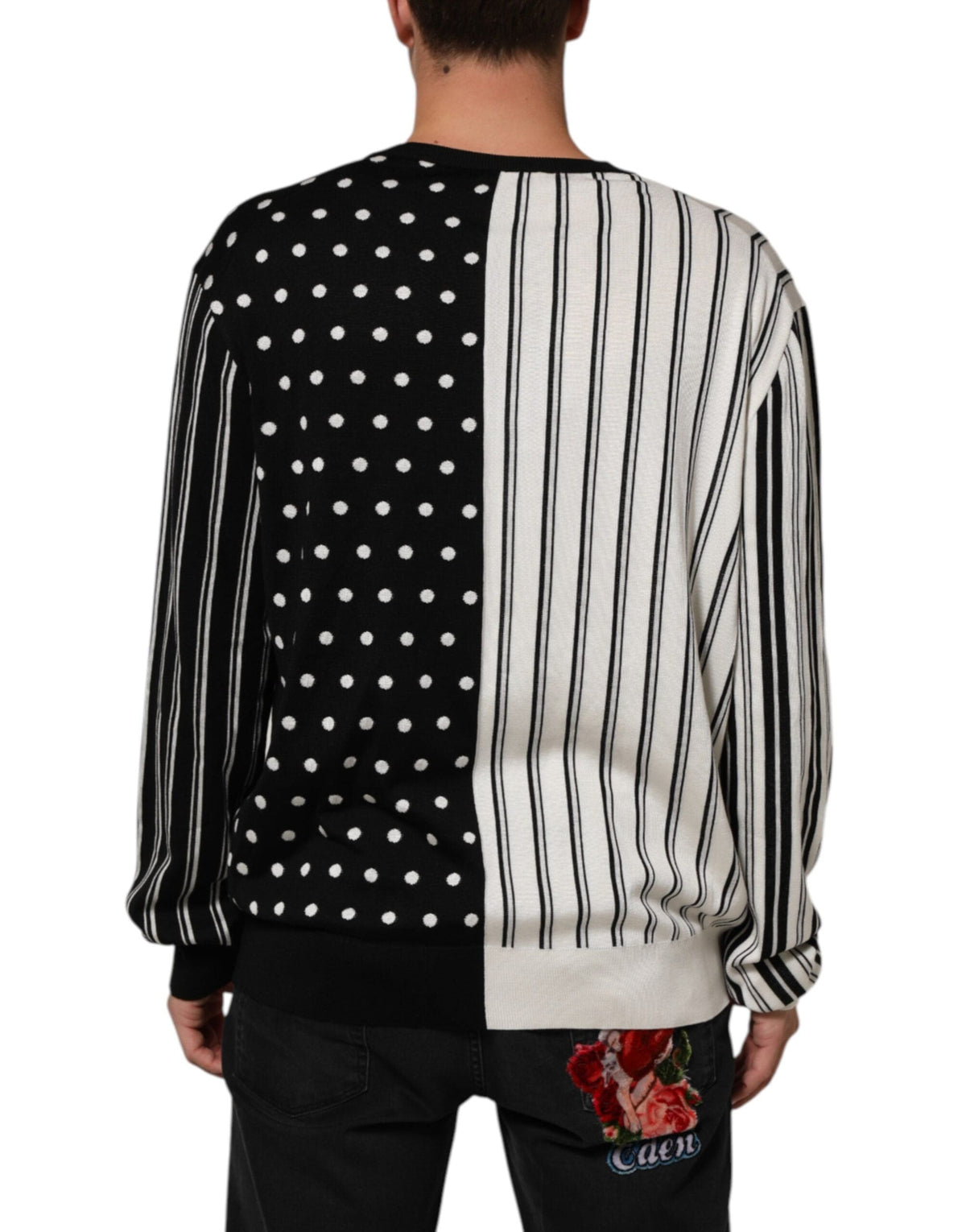 Dolce & Gabbana Black White Stripe Polka V-Neck Pullover Sweater