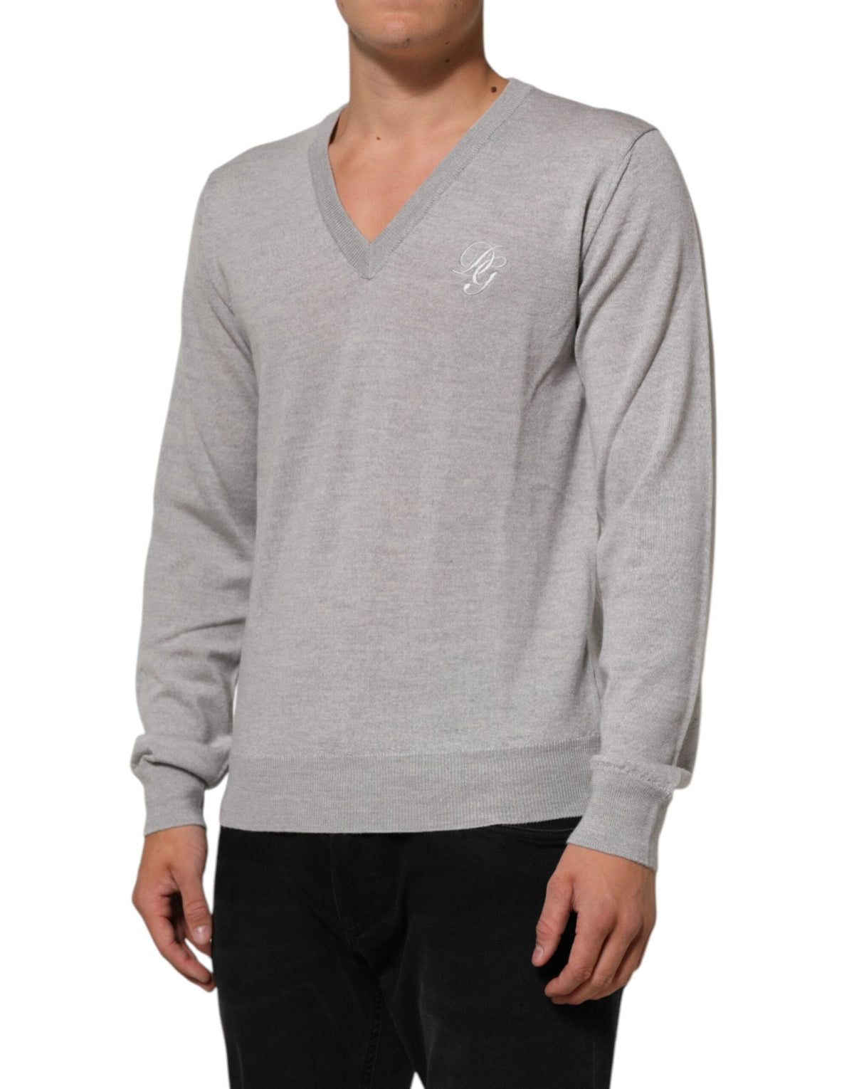 Dolce & Gabbana Gray Wool Knit Logo V-Neck Pullover Sweater