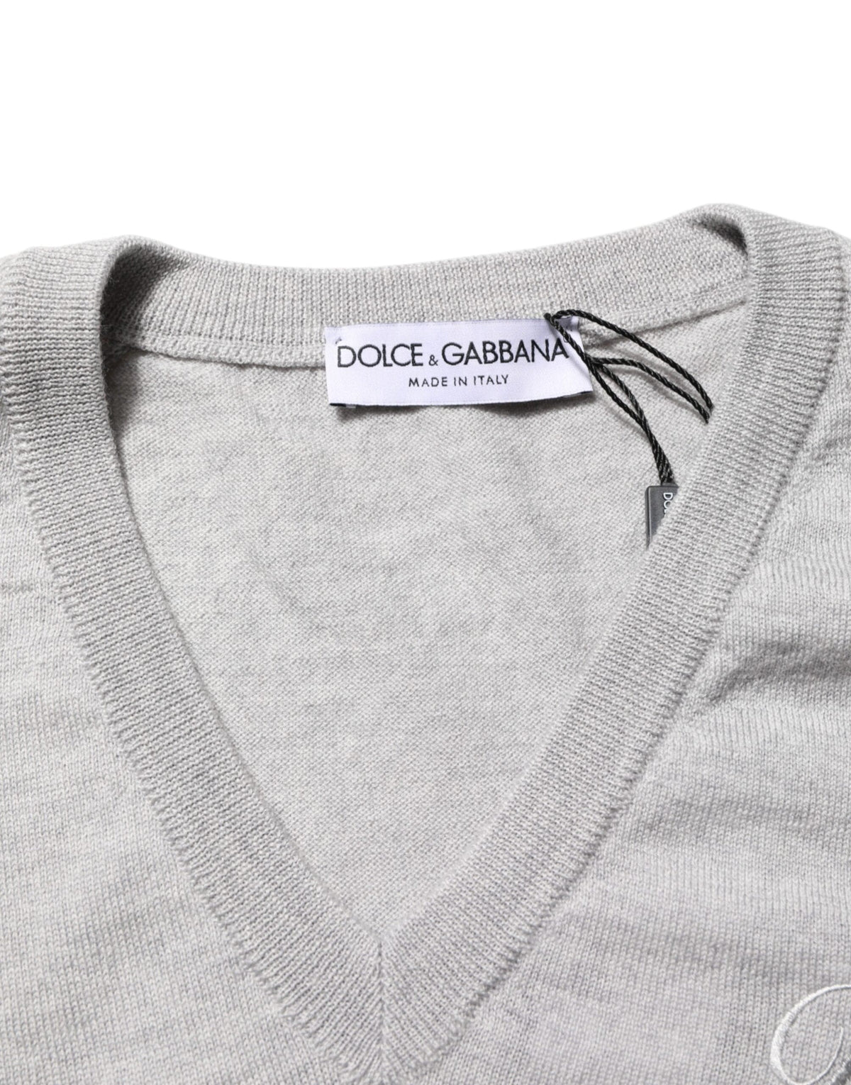 Dolce & Gabbana Gray Wool Knit Logo V-Neck Pullover Sweater