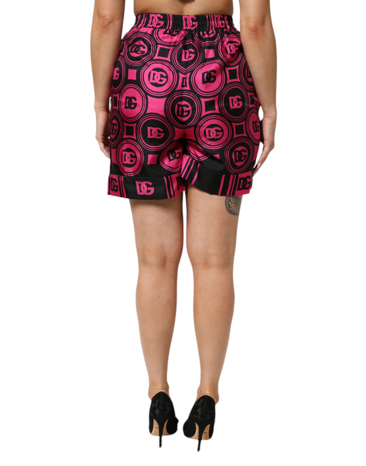 Dolce & Gabbana Pink Black Silk Logo Print DG Pattern Shorts