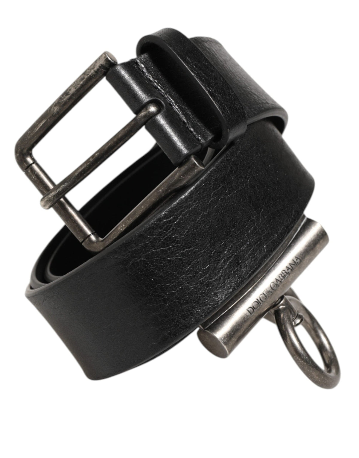 Dolce & Gabbana Black Leather Side Rings Brass Buckle Belt