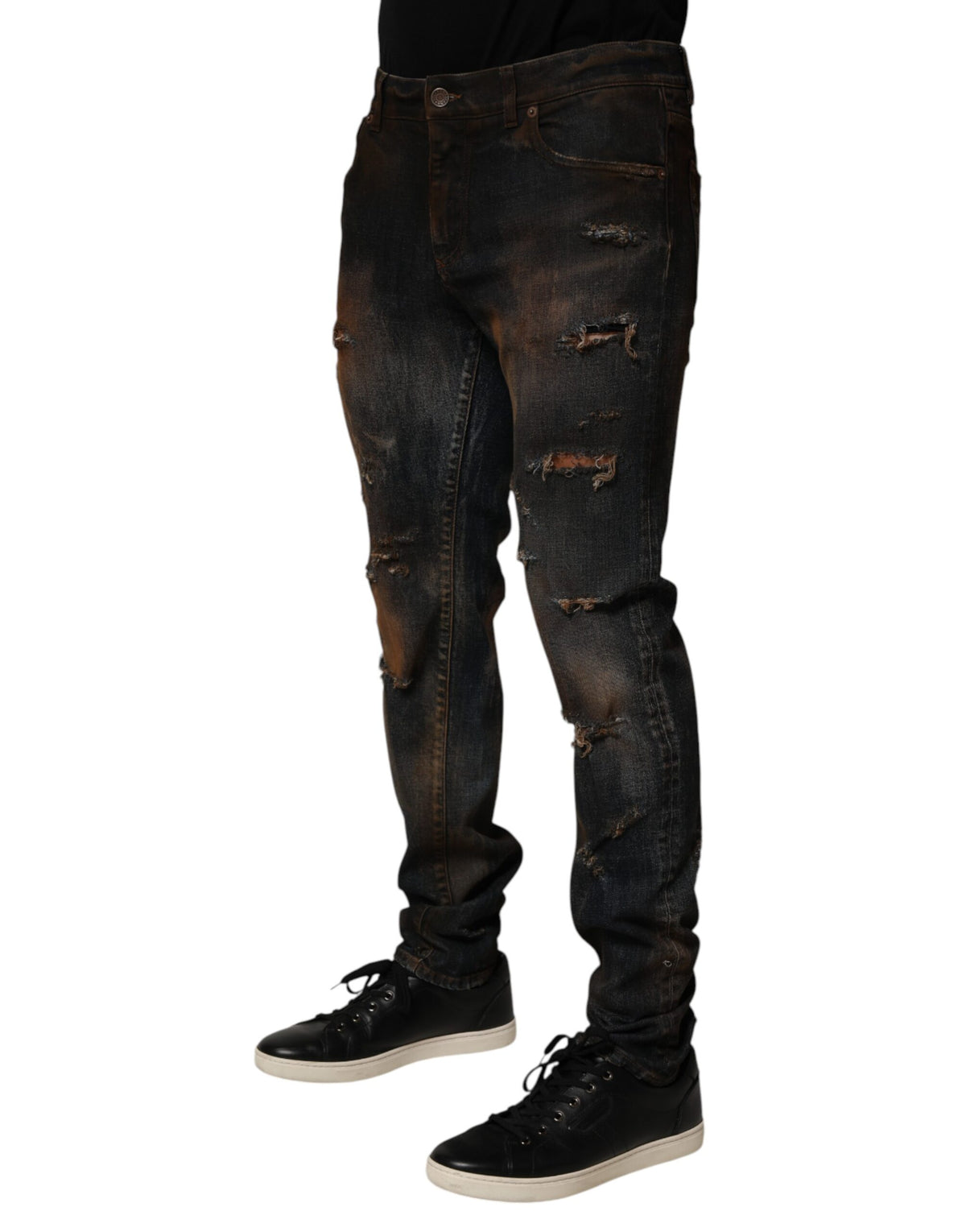 Dolce & Gabbana Black Cotton Skinny Tattered Men Denim Jeans
