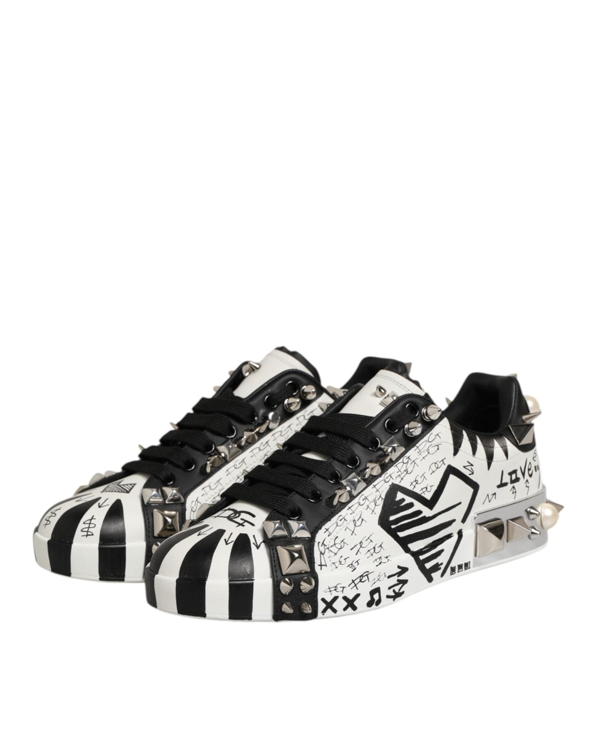 Dolce & Gabbana Black White Studded Low Top Sneakers Shoes