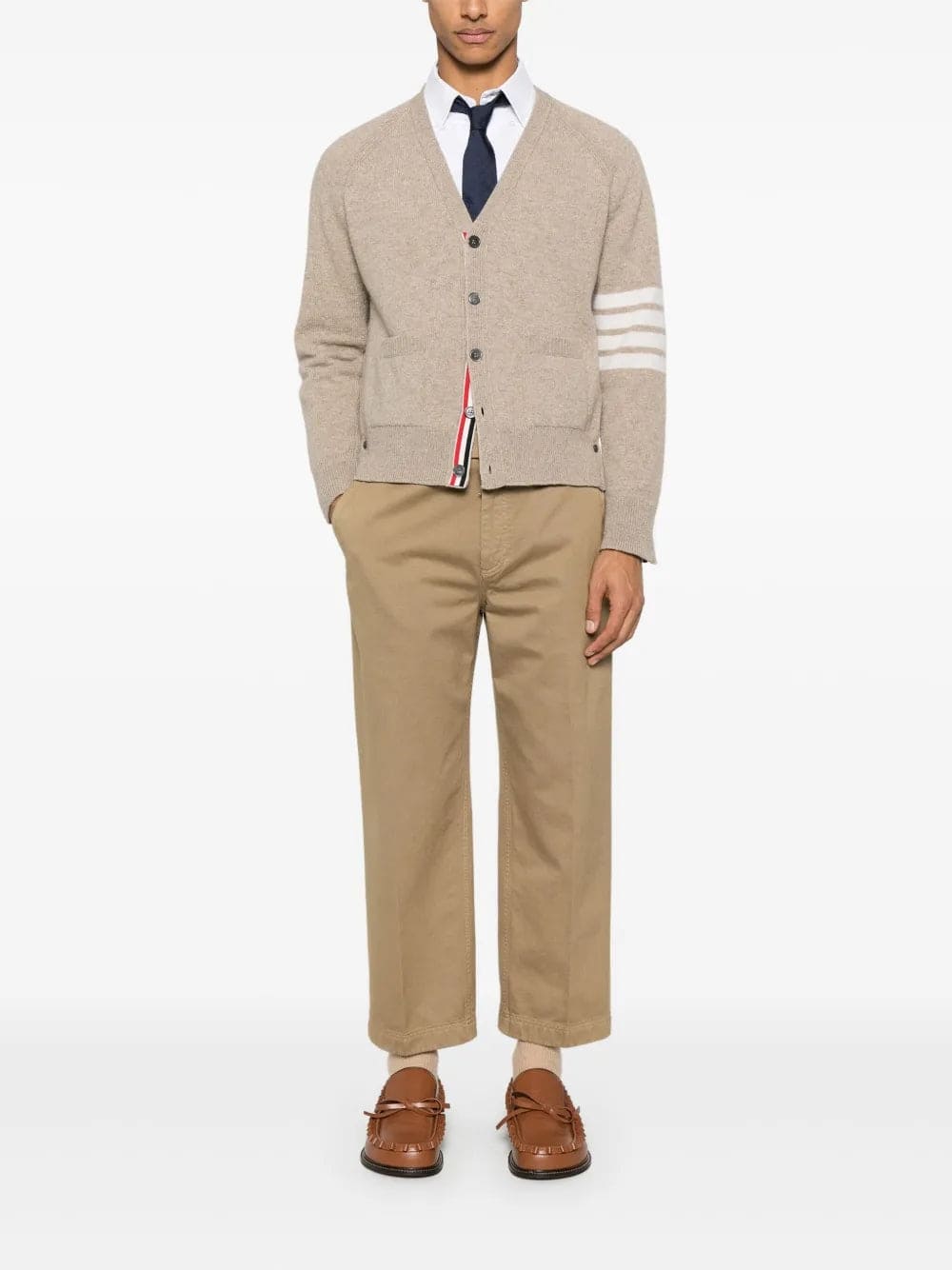 Thom Browne Shetland Wool 4-Bar Relaxed Fit V Neck Cardigan