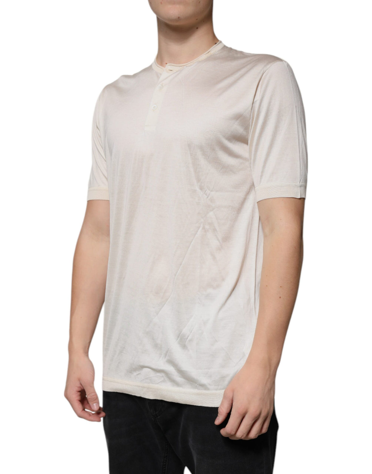 Dolce & Gabbana Off White Silk Henley Short Sleeves T-Shirt