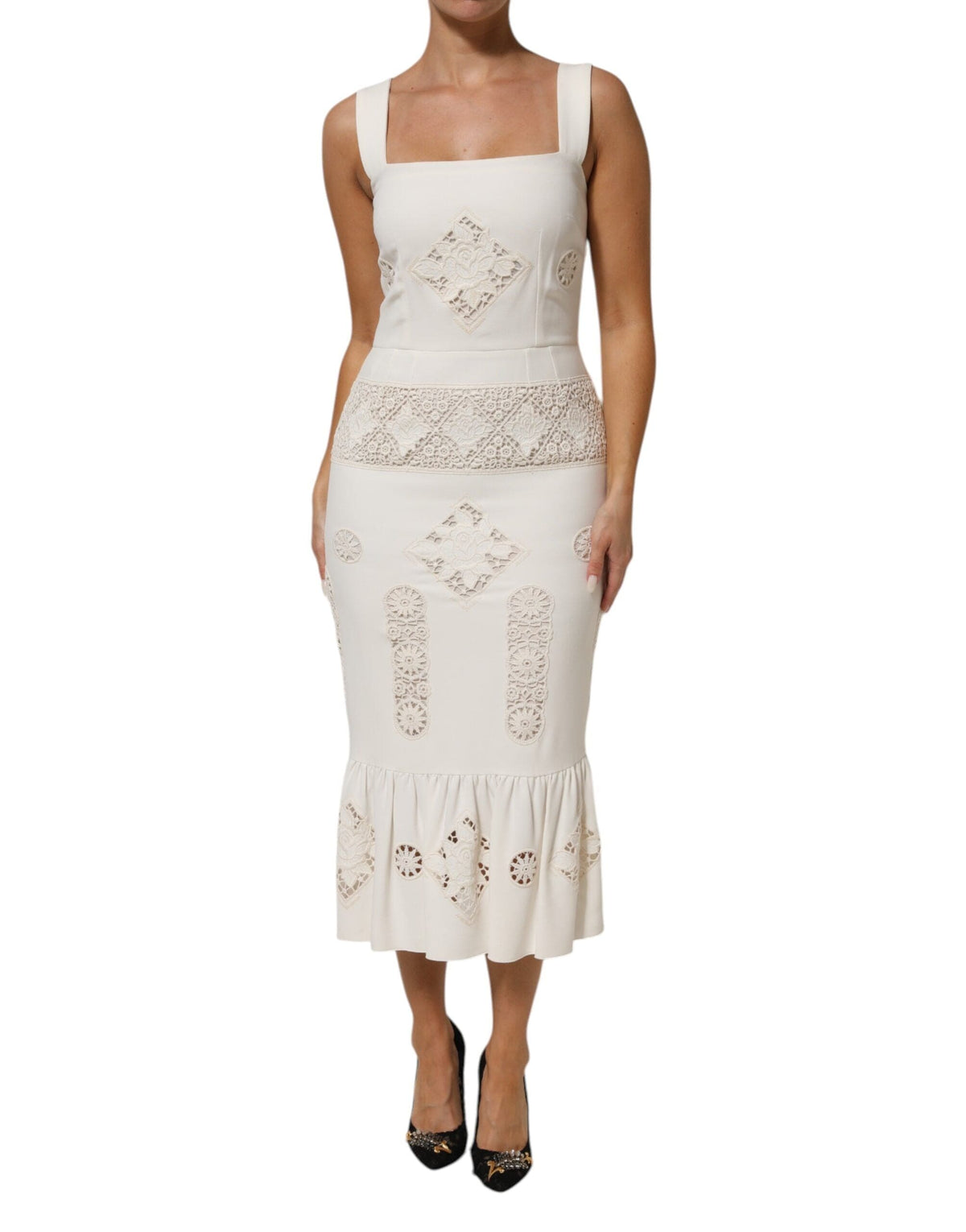 Dolce & Gabbana White Floral Lace Sleeveless Midi Dress JOHNYCARRIBEAN Dolce & Gabbana White Floral Lace Sleeveless Midi Dress JOHNYCARRIBEAN