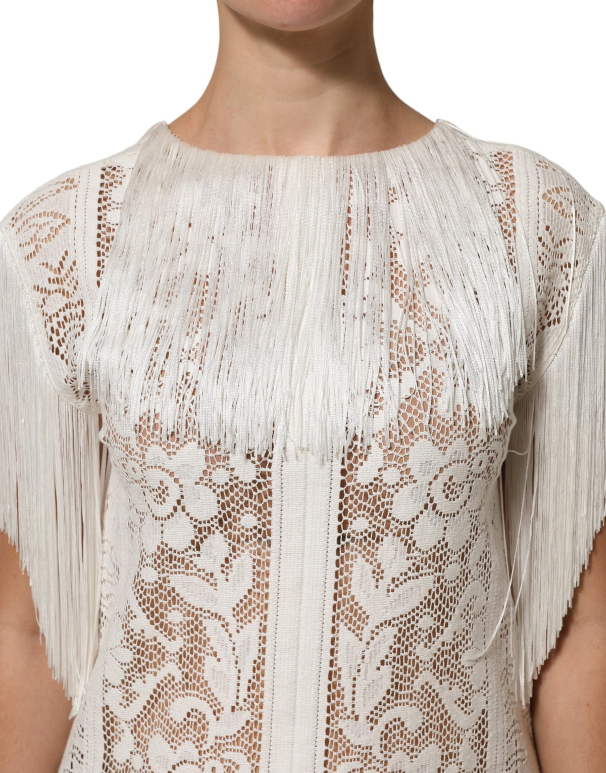 Dolce & Gabbana White Floral Lace Fringe Knee Length Dress