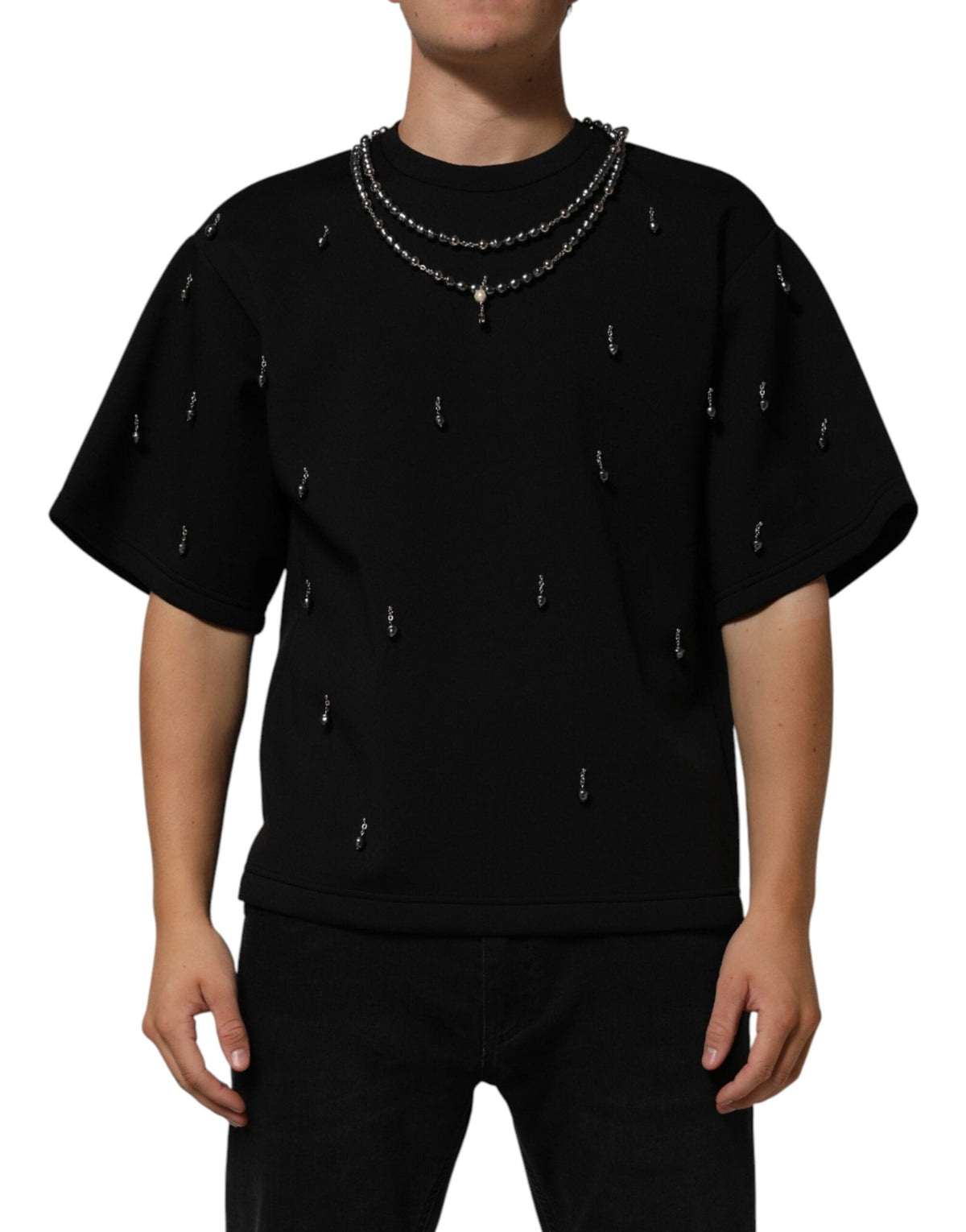 Dolce & Gabbana Black Polyester Necklace Embellished T-shirt