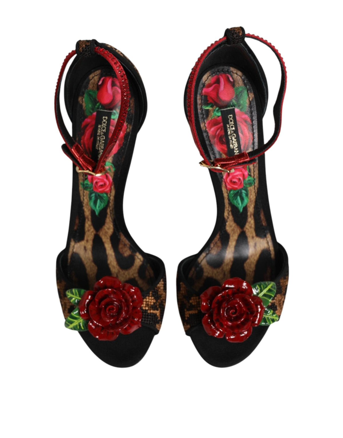 Dolce & Gabbana Brown Leopard Crystal Roses Sandals Shoes