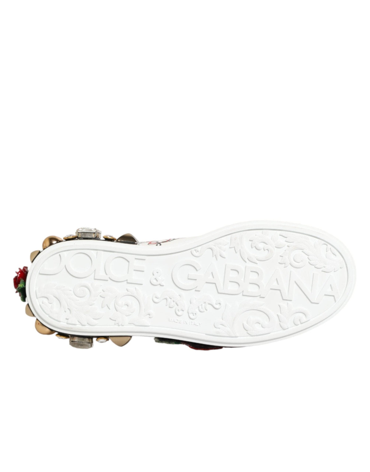 Dolce & Gabbana White Leather Floral Studded Sneakers Shoes