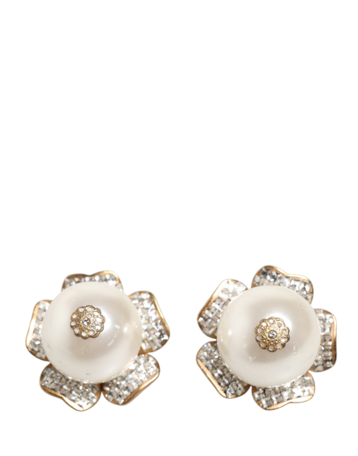 Dolce & Gabbana Gold Tone Maxi Faux Pearl Floral Clip-on Jewelry Earrings