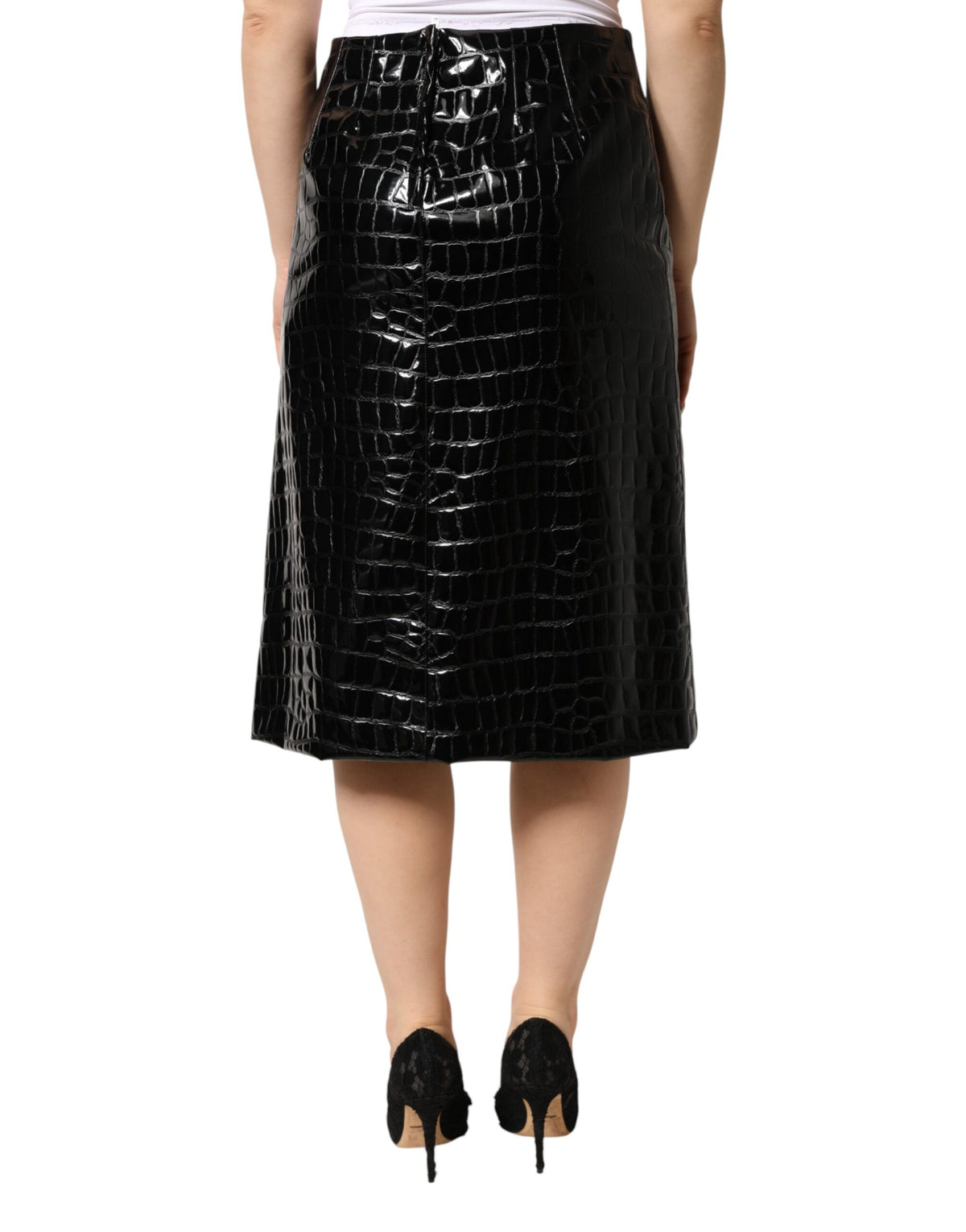 Dolce & Gabbana Black Croc Faux-Leather Mid Waist Midi Skirt