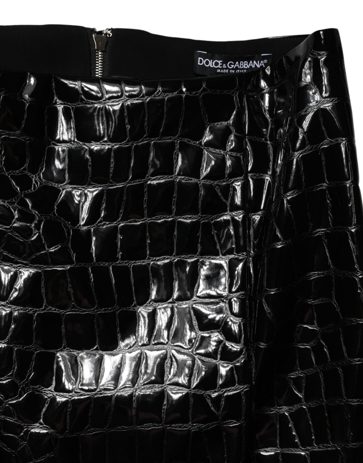 Dolce & Gabbana Black Croc Faux-Leather Mid Waist Midi Skirt