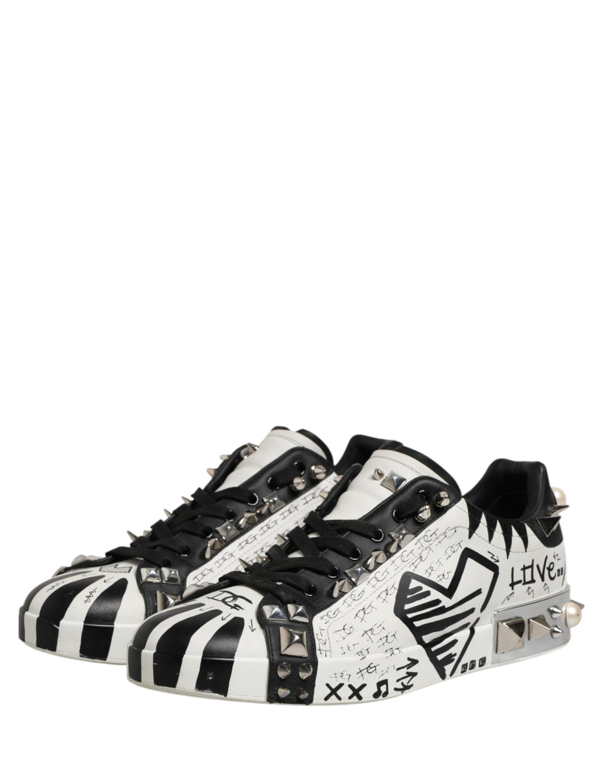 Dolce & Gabbana Black White Studded Low Top Sneakers Shoes