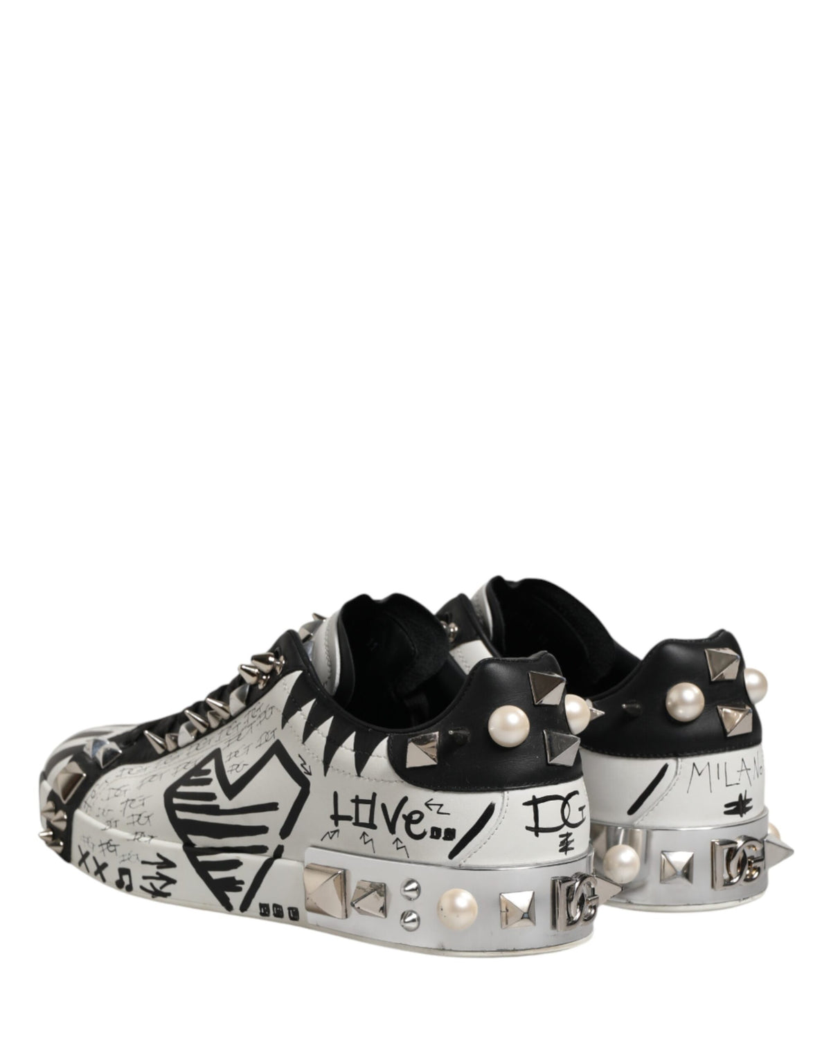 Dolce & Gabbana Black White Studded Low Top Sneakers Shoes