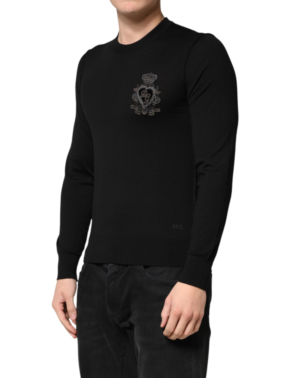 Dolce & Gabbana Black Crest Wool Crew Neck Pullover  Sweater