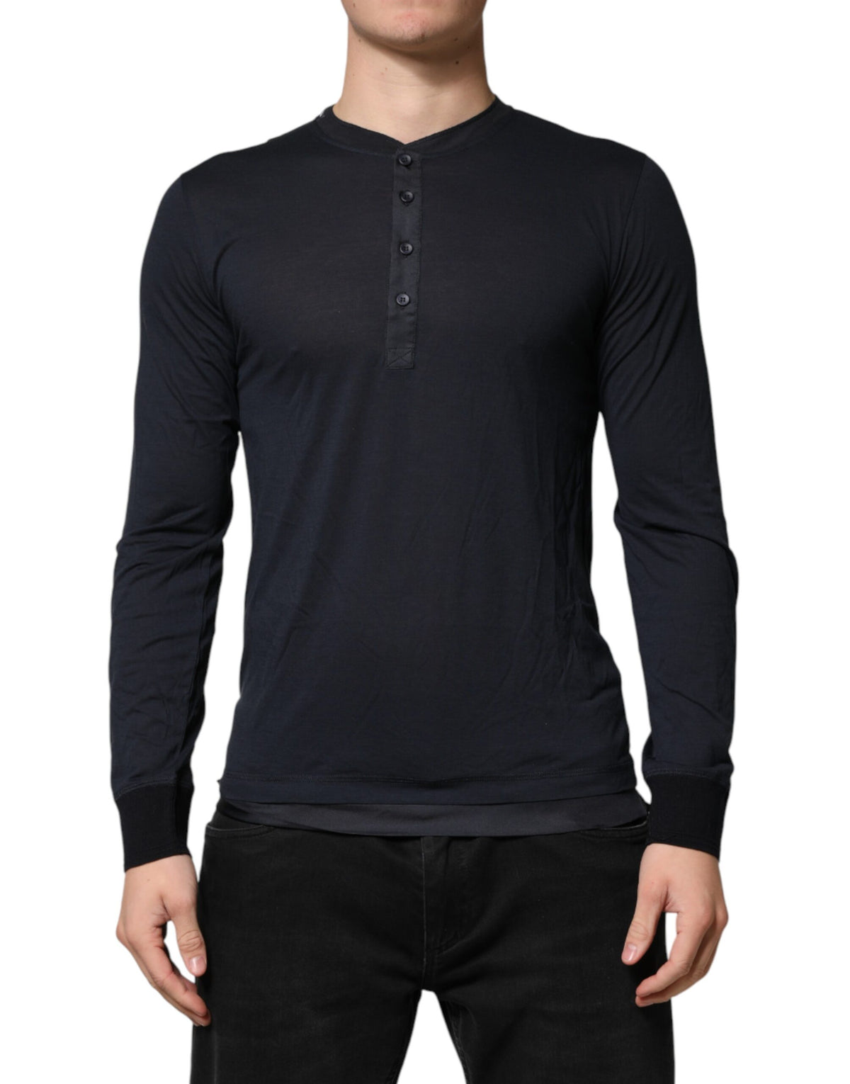 Dolce & Gabbana Dark Blue Cotton Henley Long Sleeves T-Shirt