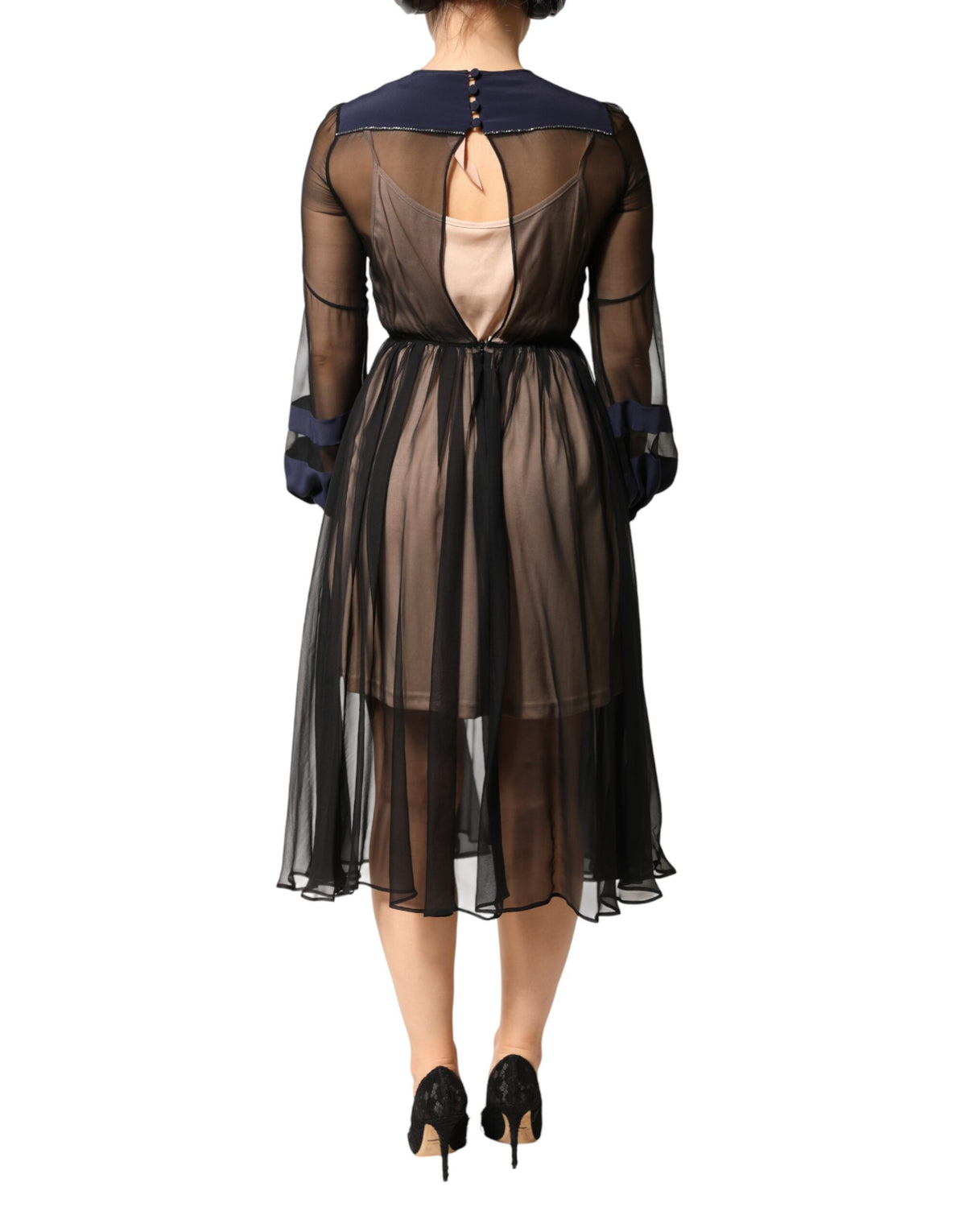 N.21 Blue Long Sleeves Sheer Silk Sheath A-line Midi Dress