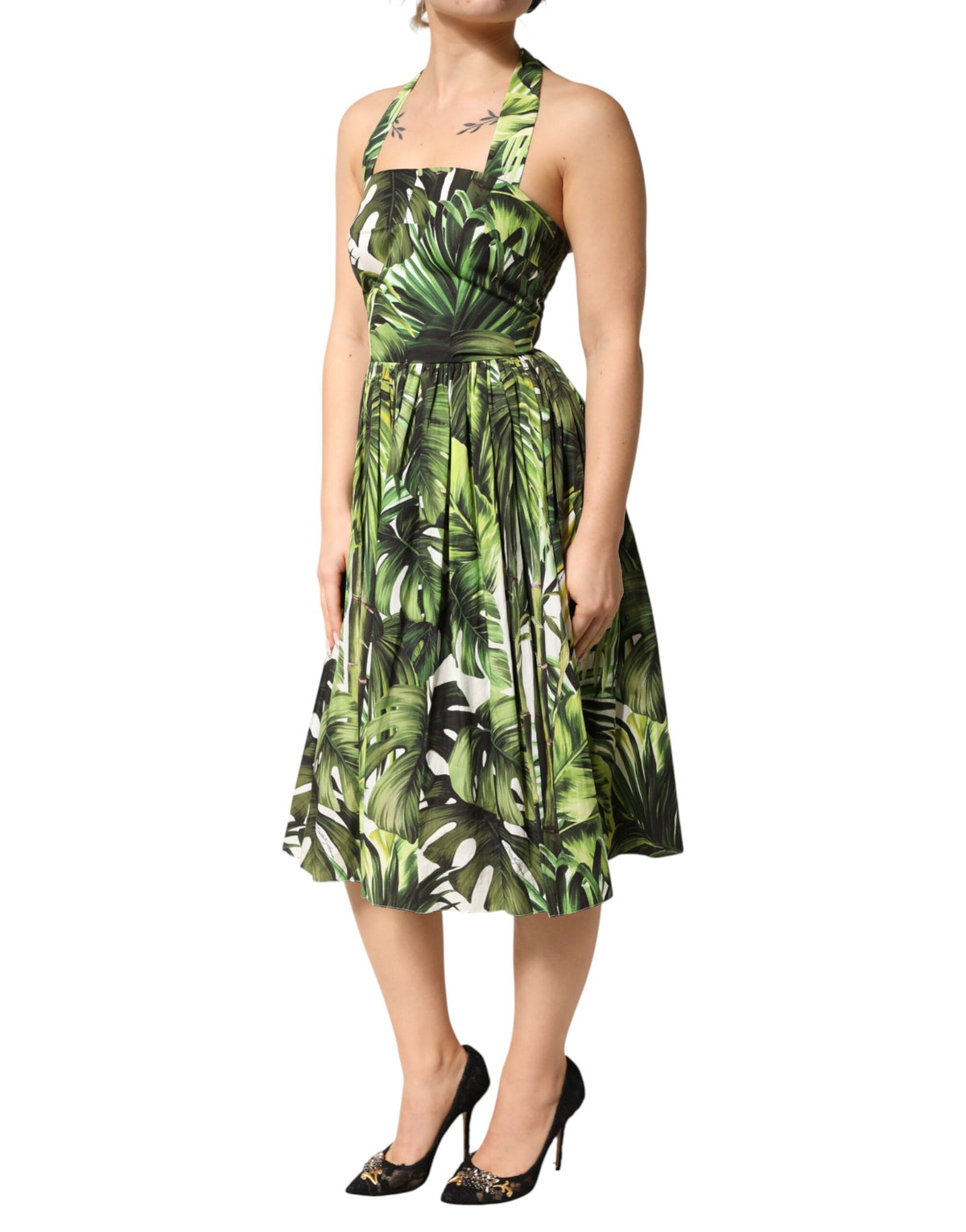Dolce & Gabbana Green Leaves Print Cotton Halter Midi Dress