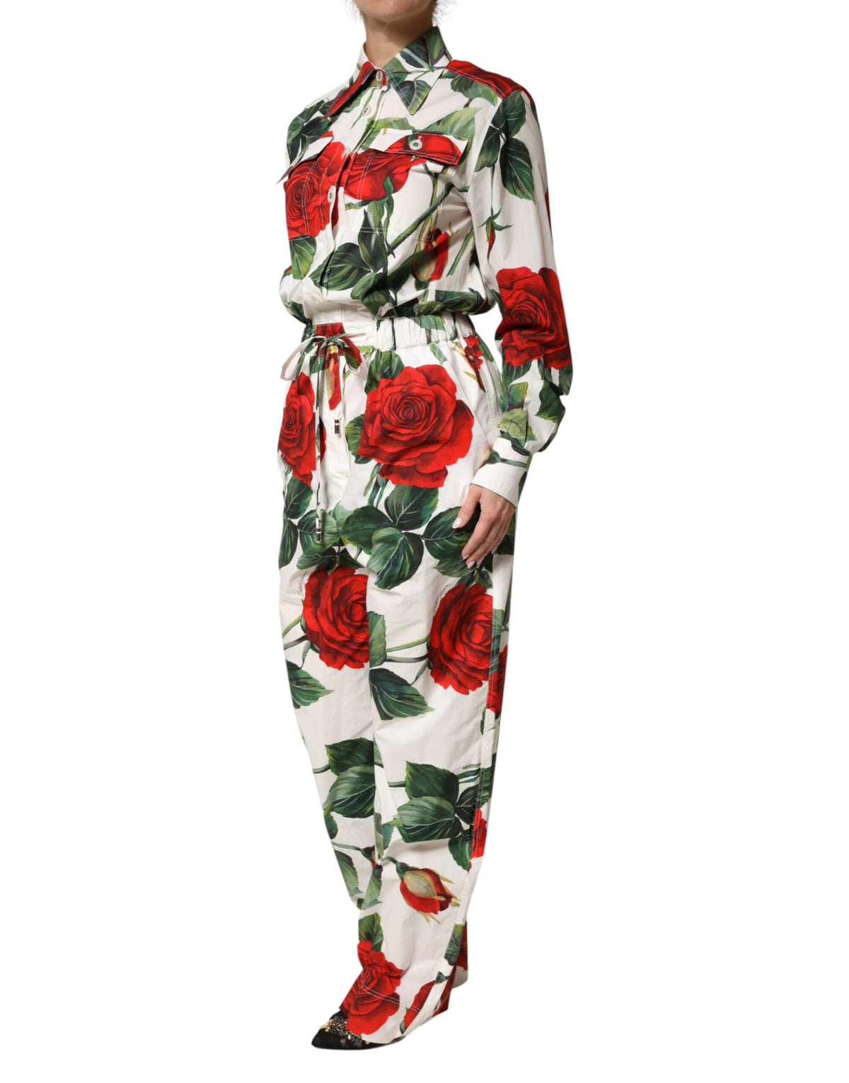 Dolce & Gabbana White Floral Print Cotton Jumpsuit Dress