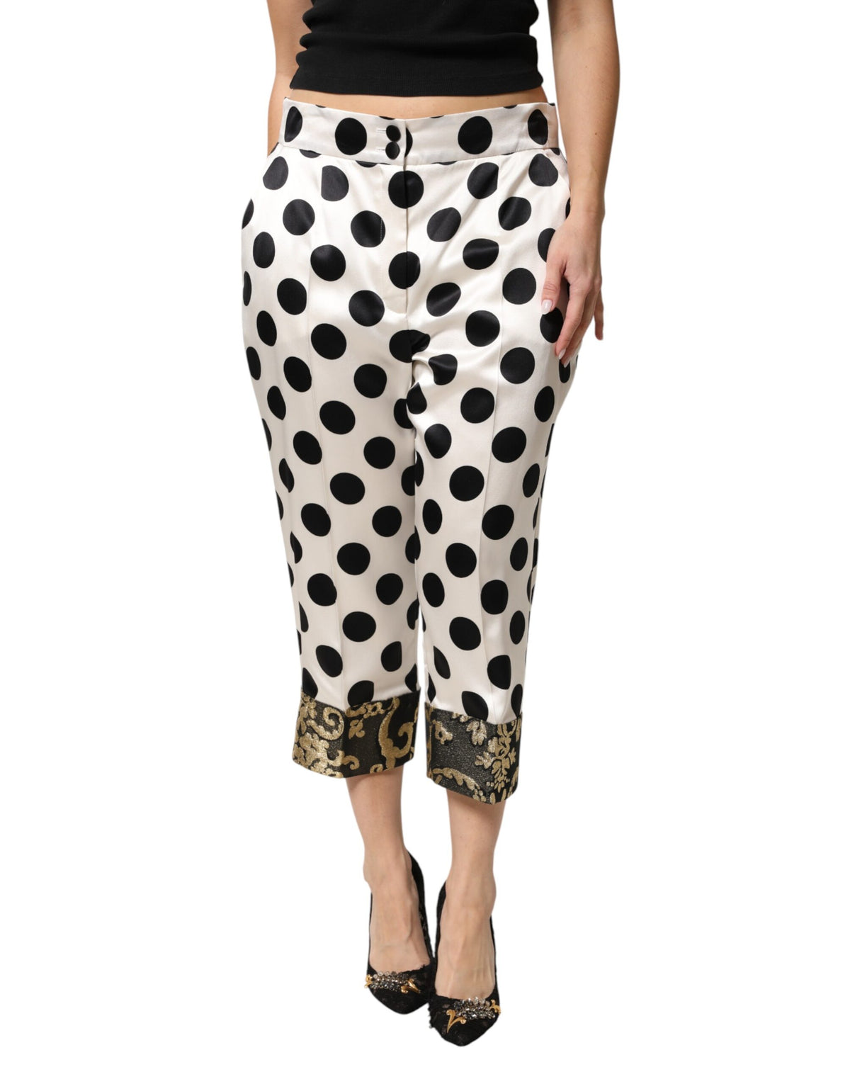Dolce & Gabbana White Black Polka Dot Silk Mid Waist Cropped Pants