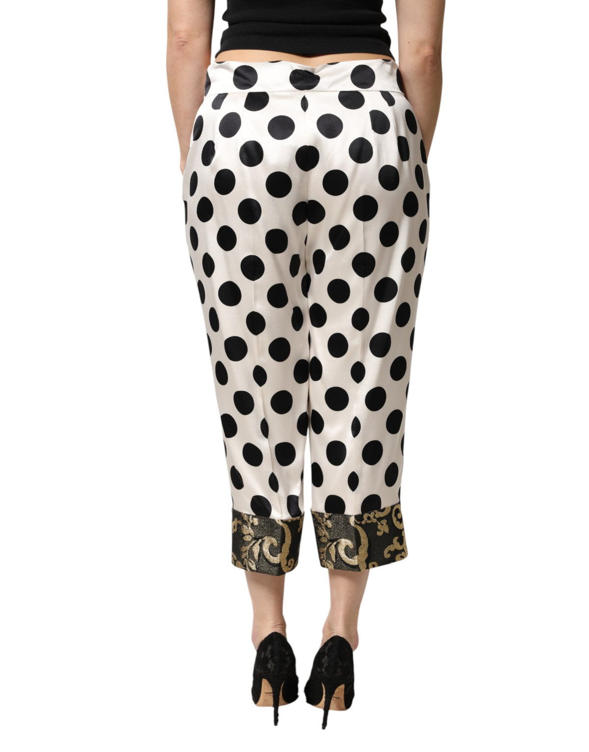 Dolce & Gabbana White Black Polka Dot Silk Mid Waist Cropped Pants