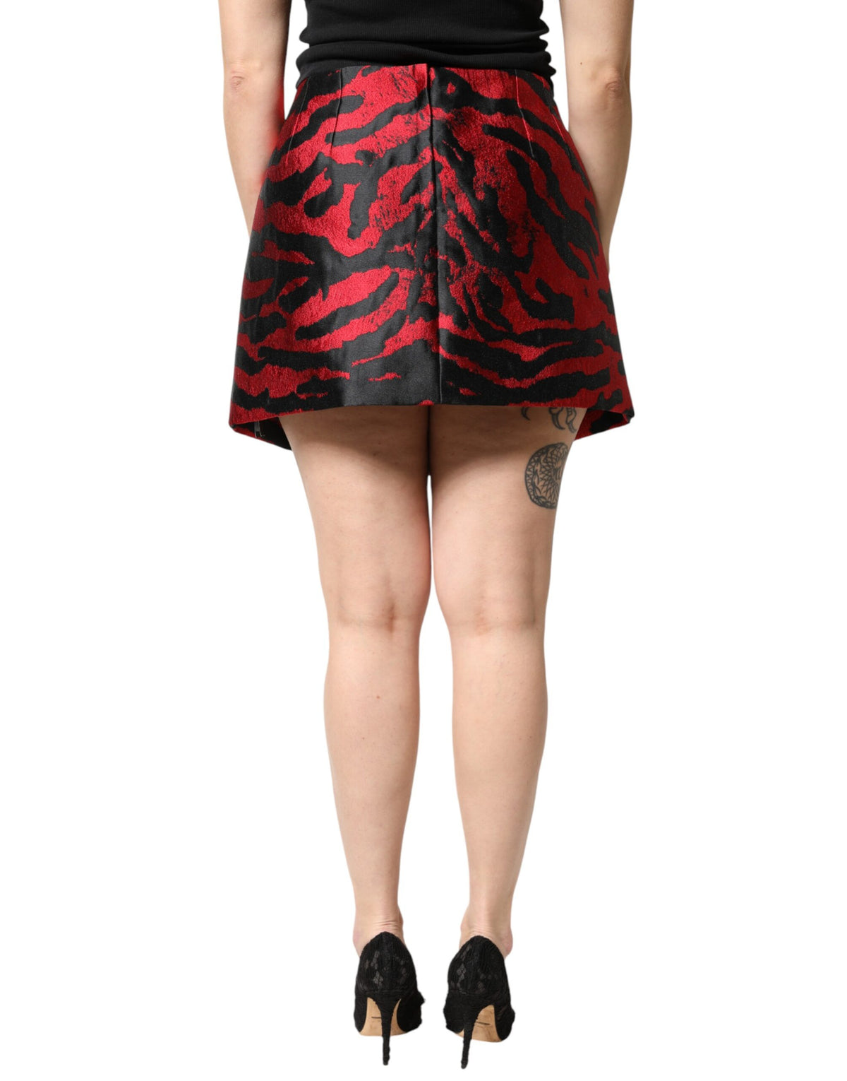 Dolce & Gabbana Black Red Jacquard High Waist Mini Skirt