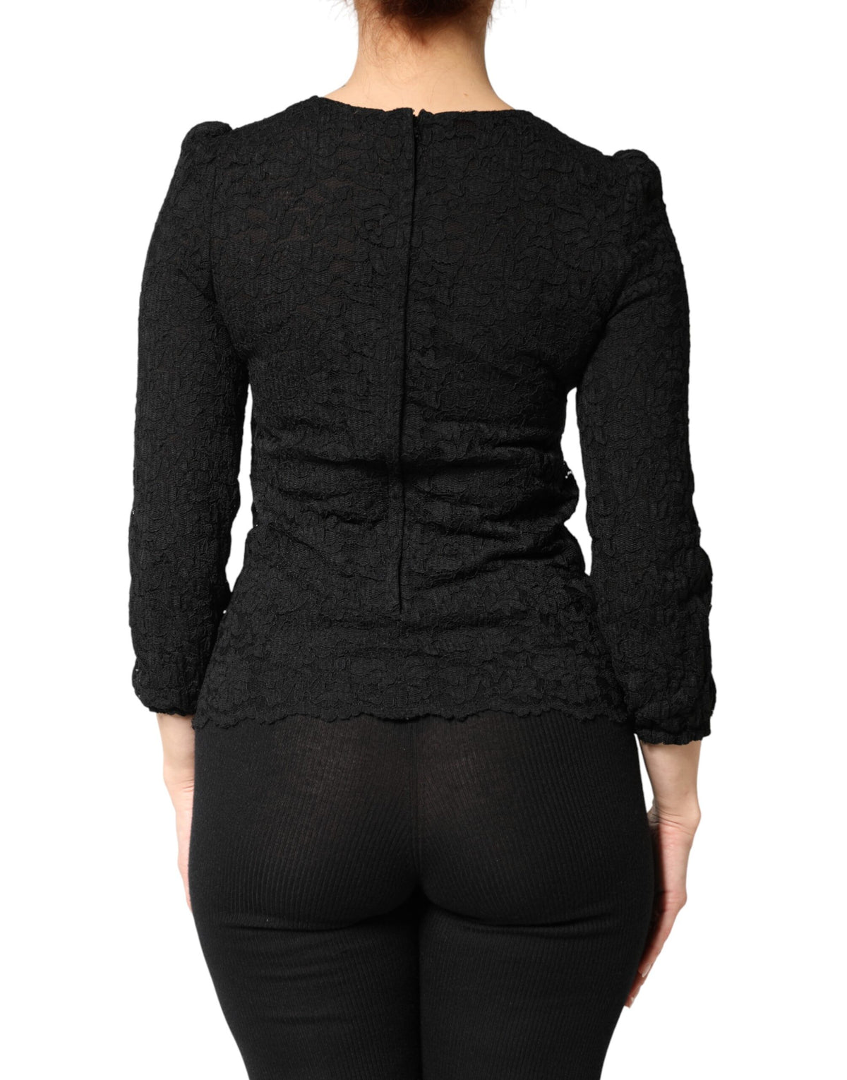 Dolce & Gabbana Black Floral Lace Silk Round Neck Blouse Top