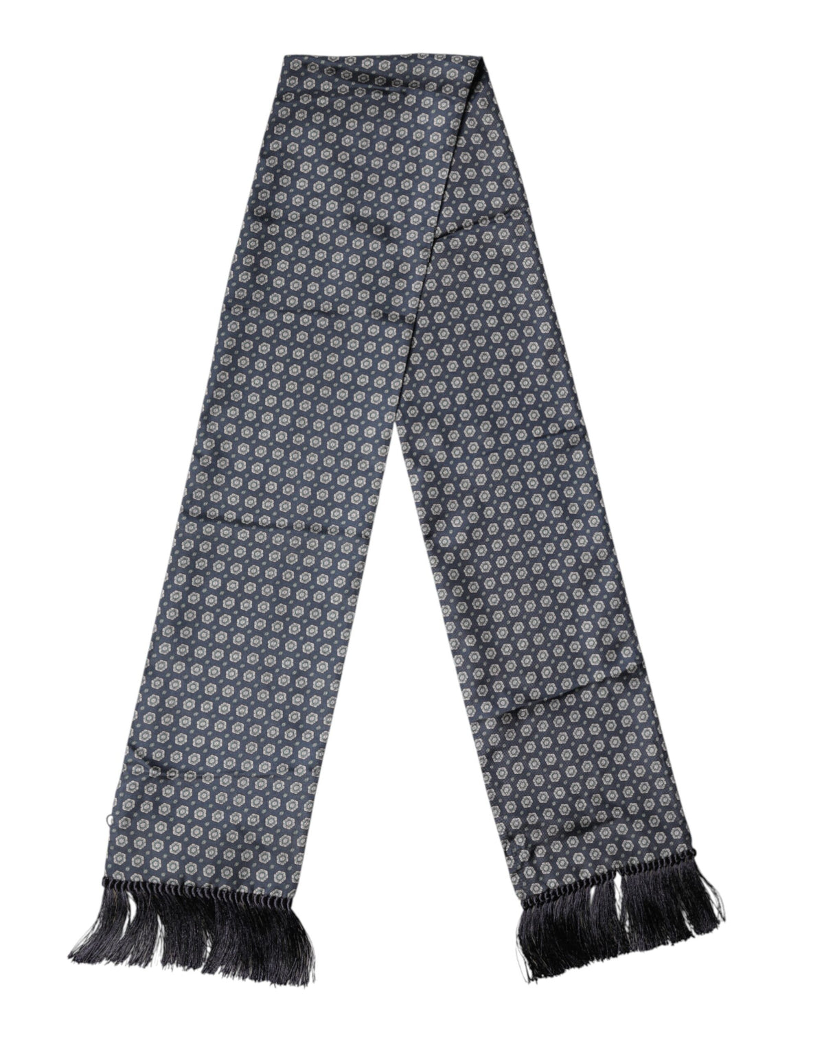Dolce & Gabbana Blue Patterned Silk Fringes Foulard 138cm x 15.5cm Scarf