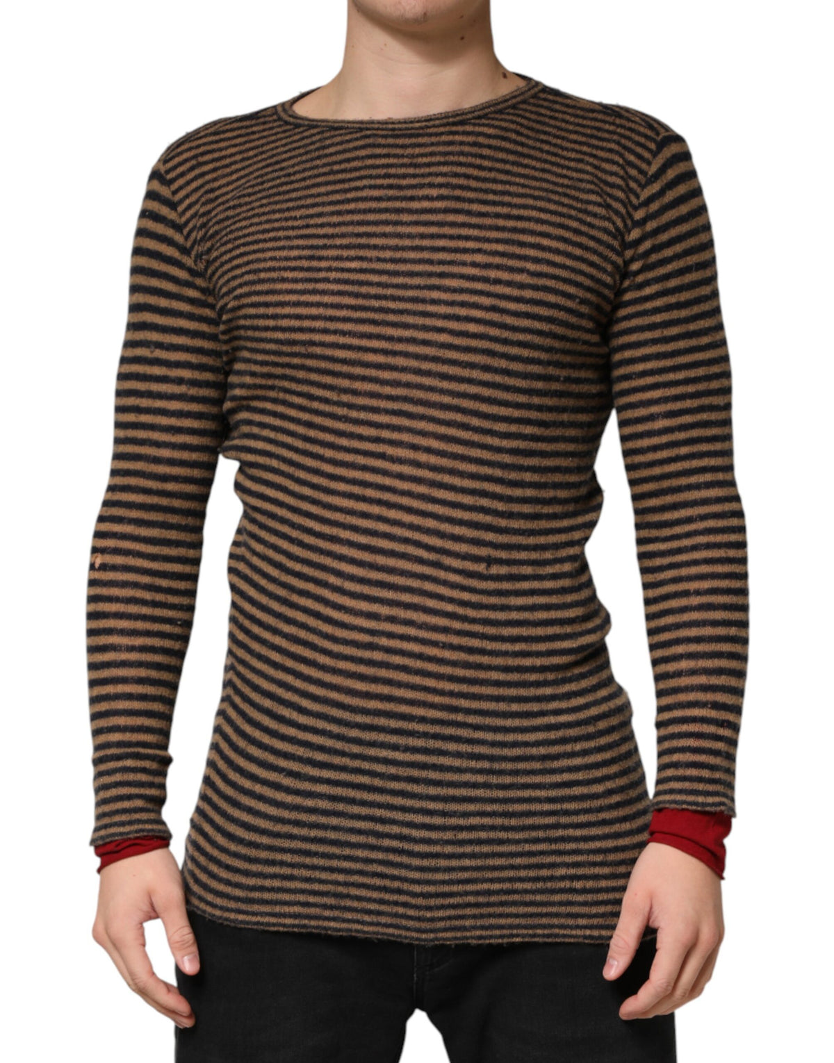 Daniele Alessandrini Brown Black Stripes Wool Crew Neck Pullover Sweater