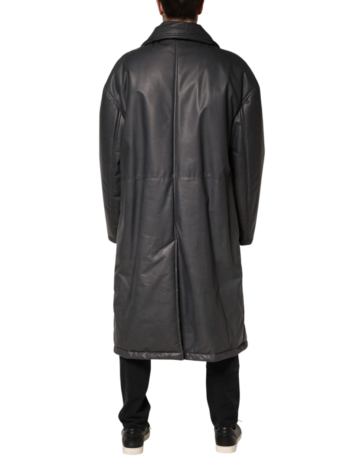 Dolce & Gabbana Black Leather Collared Trench Coat Jacket