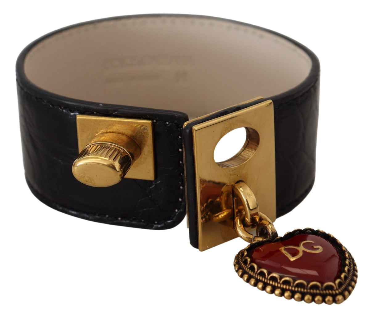 Dolce & Gabbana Elegant Black Leather Gold Detail Bracelet