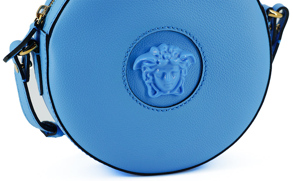 Sac à bandoulière rond en cuir bleu chic Versace