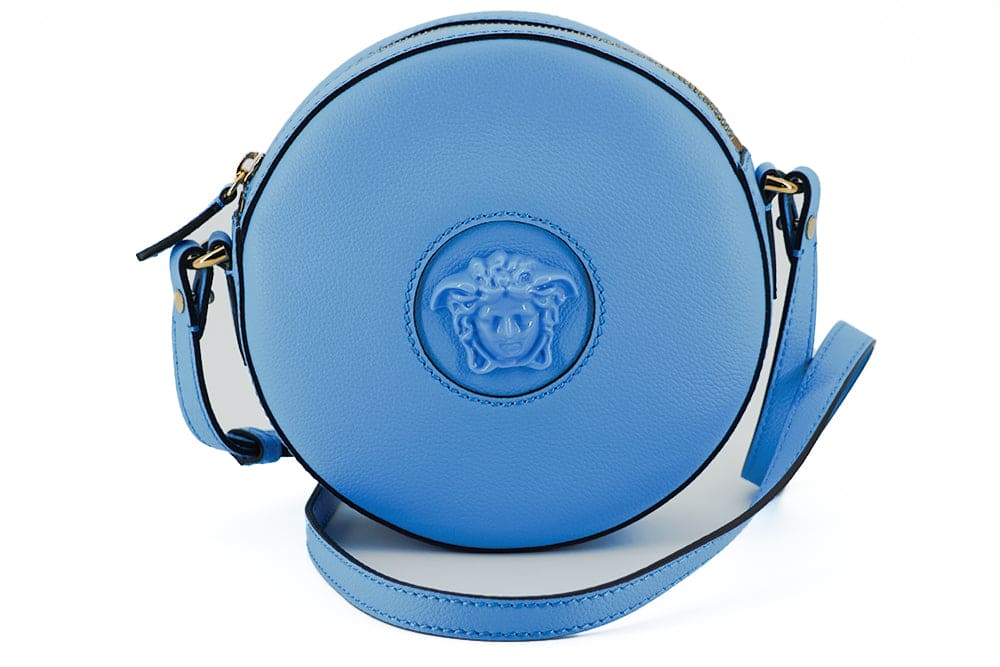 Sac à bandoulière rond en cuir bleu chic Versace