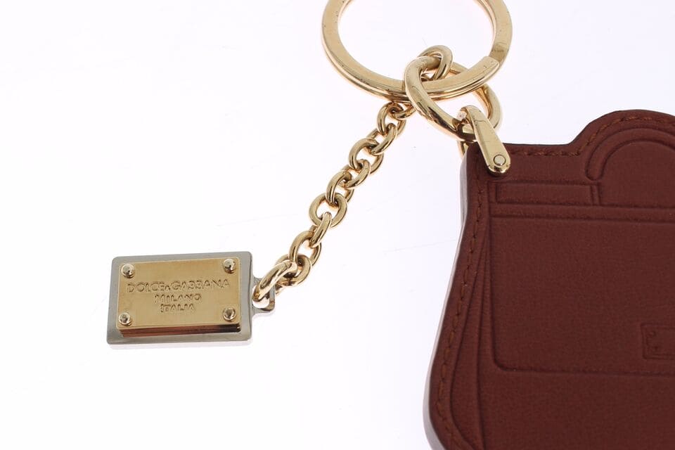 Porte-clés élégant en cuir marron Dolce &amp; Gabbana avec détails dorés